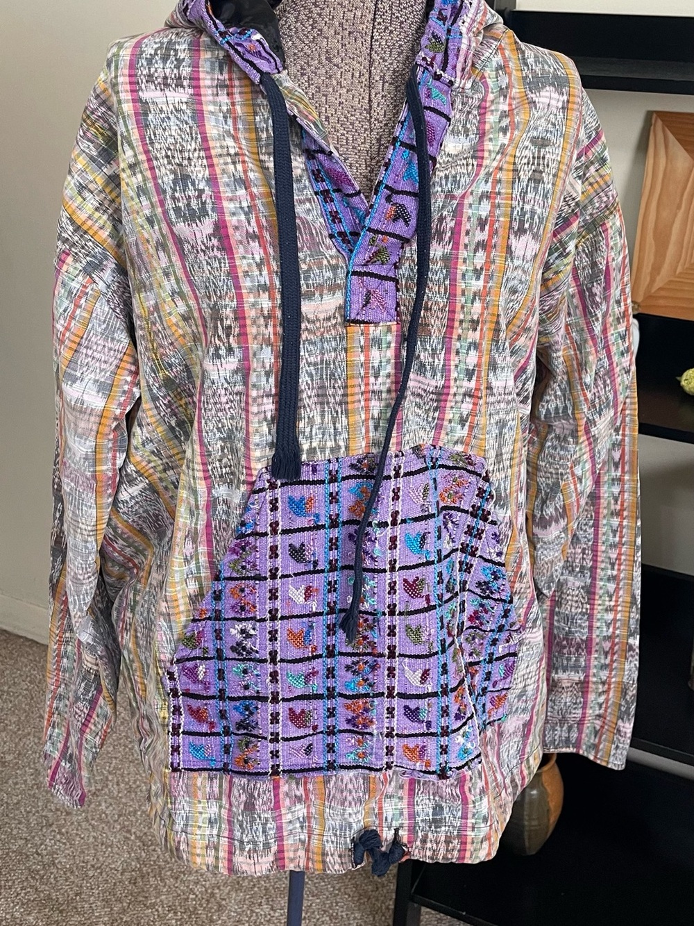 Boho Striped Pullover Hoodie with Purple Embroidered Pocket